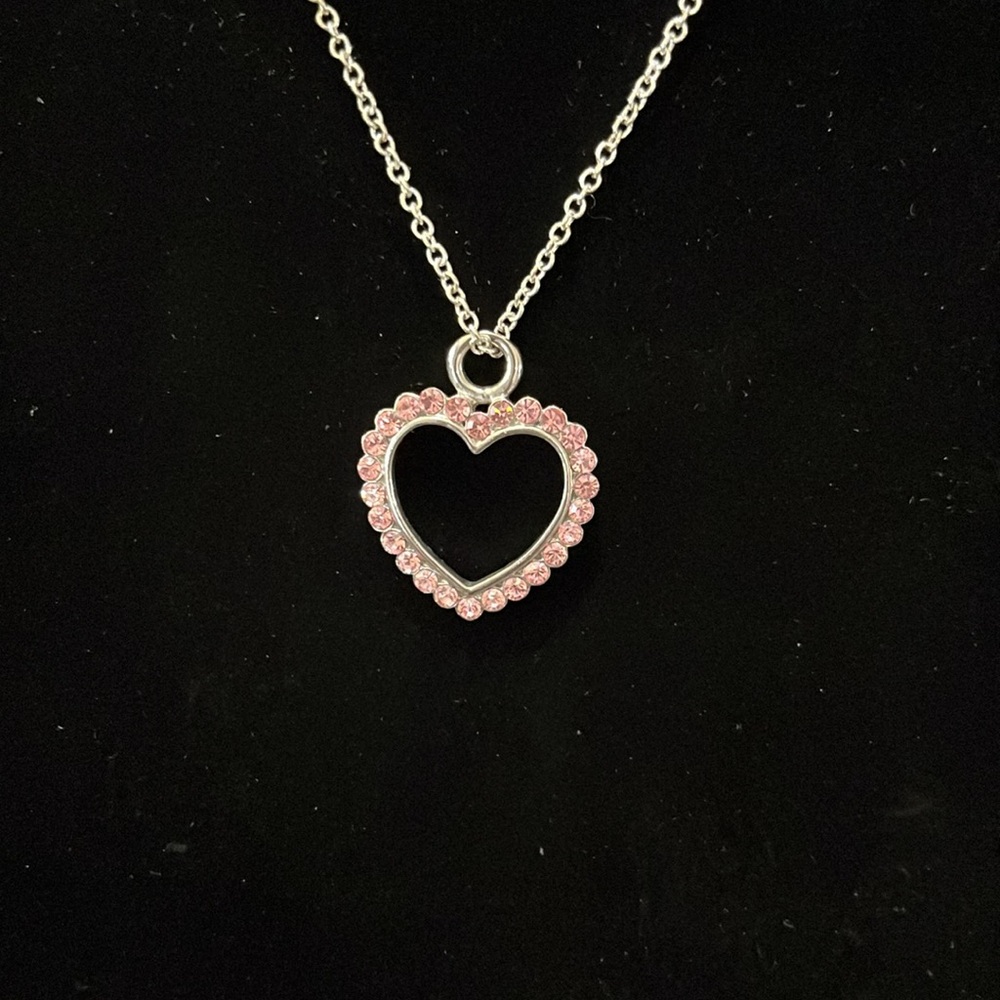 Silver chain with pink rhinestone heart pendant necklace 18”